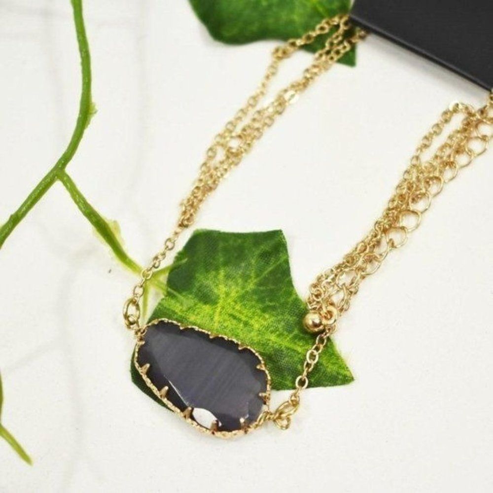 Druzy gray stone matinee gold necklace